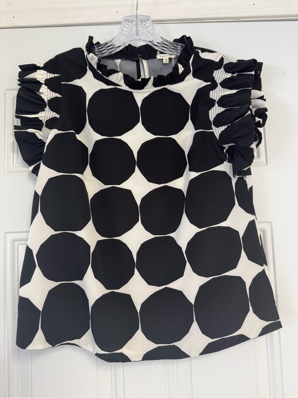JODIFL Black and White Polka Dot Ruffle Sleeve Blouse